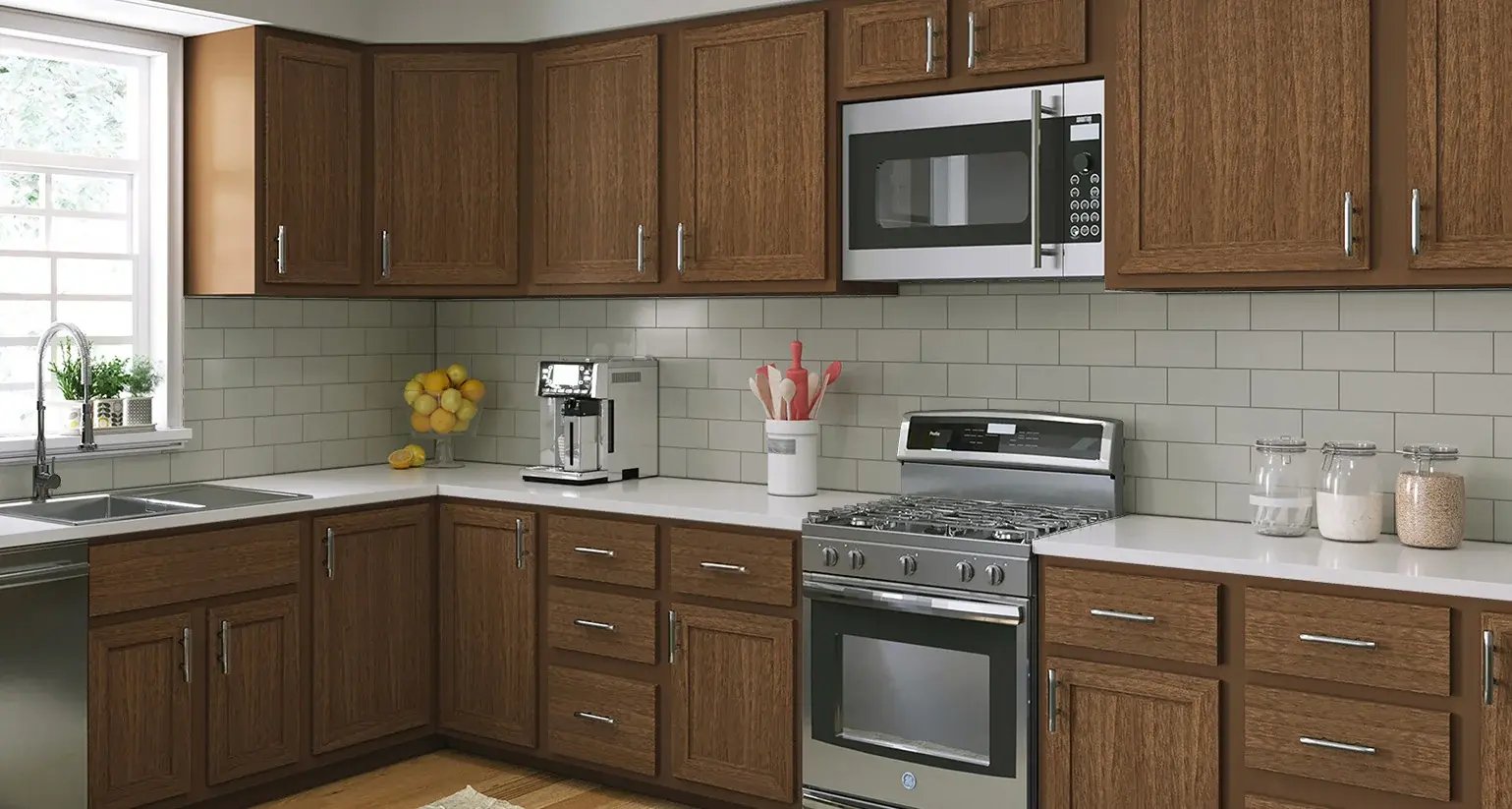 A kitchen with warm wood grain cabinets
