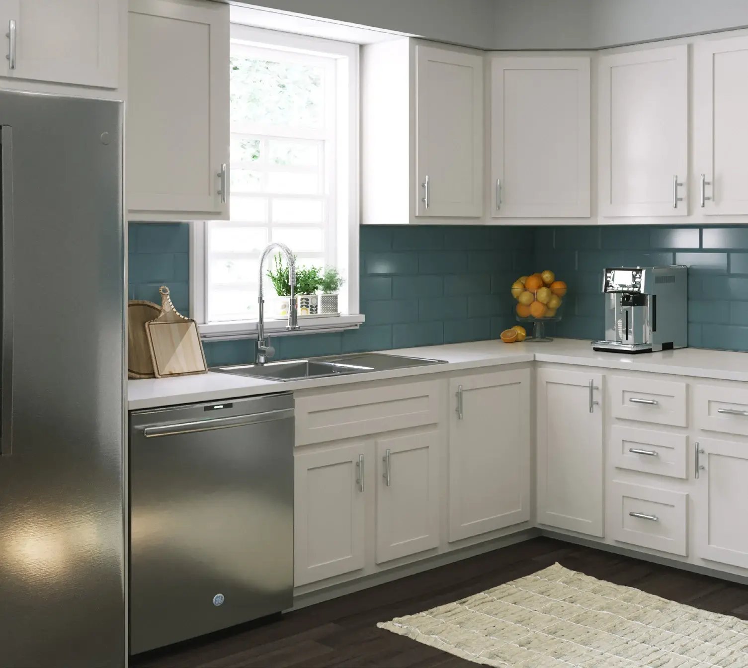 Renovated kitchen with white DuraBuild Shaker Classic cabinet doors in Flour