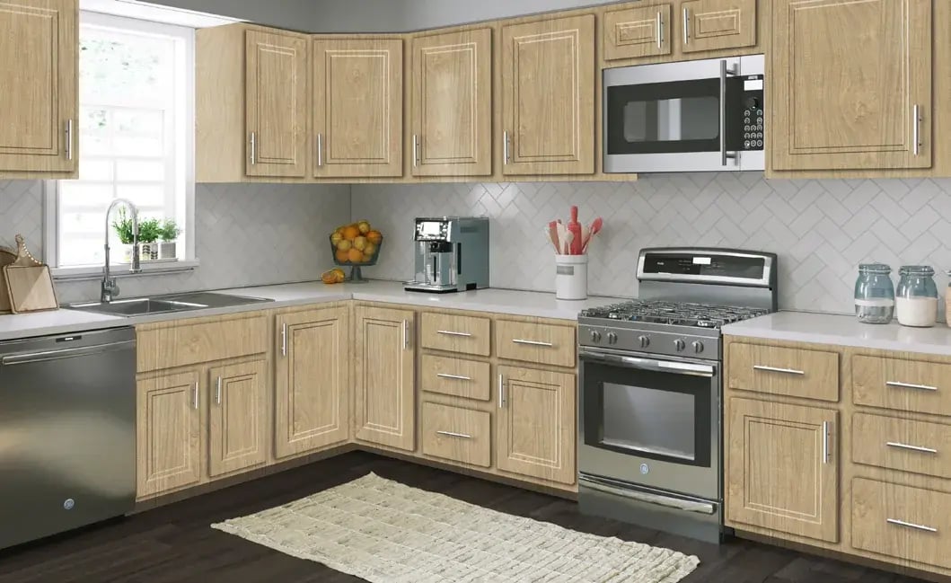 Kitchen with DuraFuse Beveled cabinet doors in Meadow Oak