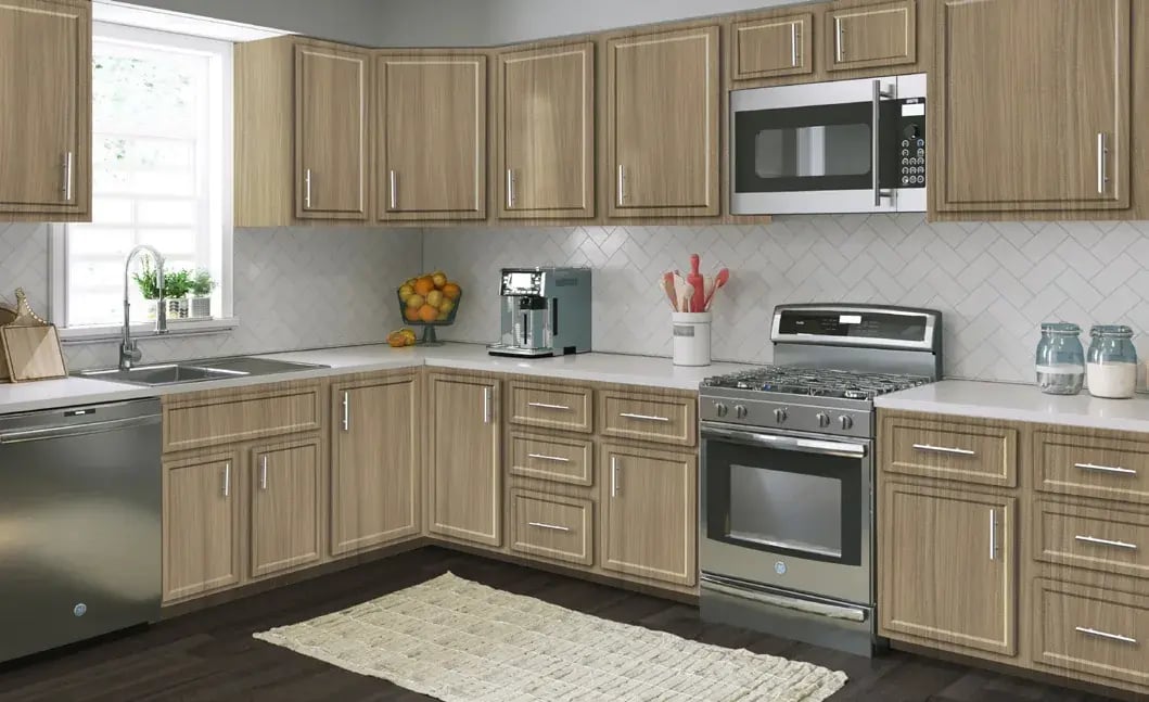 Kitchen with DuraFuse Tailored Duo cabinet doors in Drift Elm