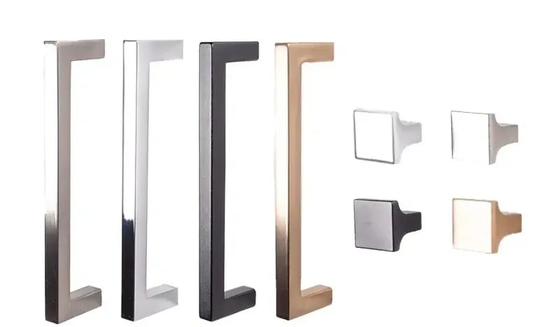 Square pulls and knobs in four finishes