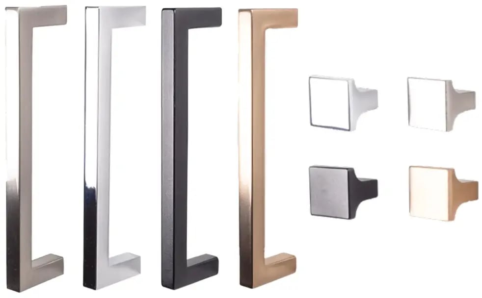 Square pulls and knobs in four finishes