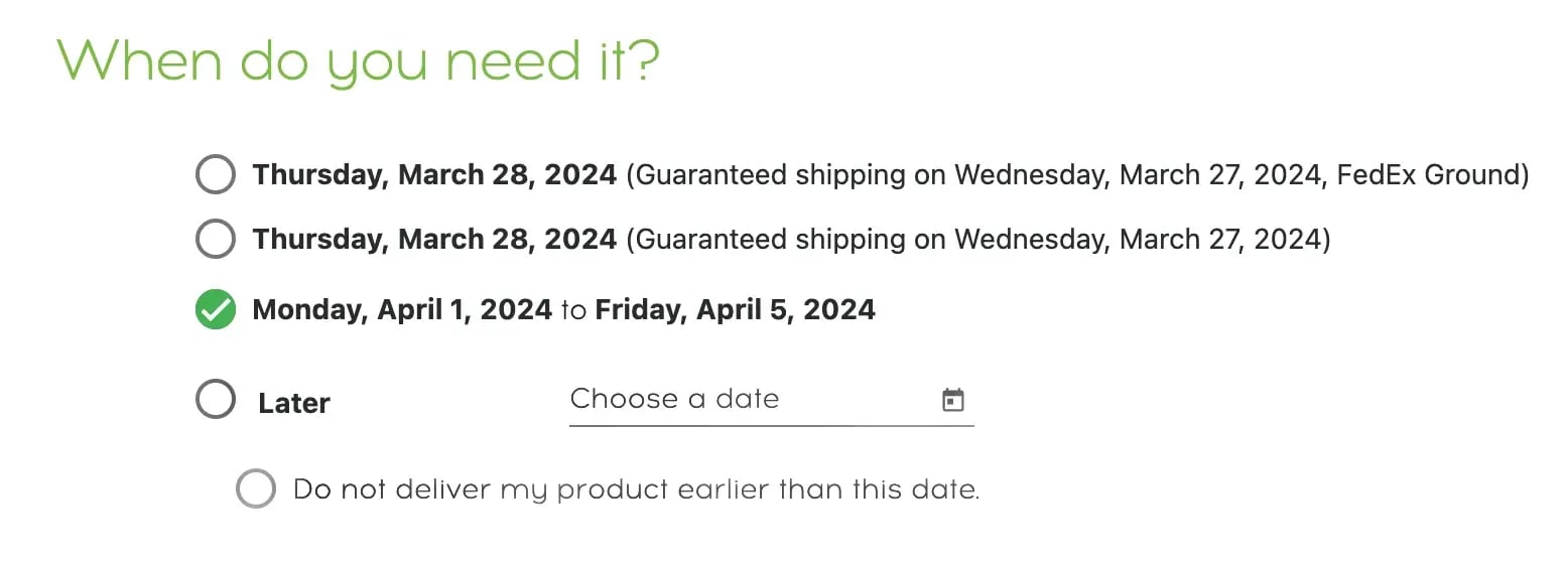 The When do you need it order screen with production date choices in the Qwikkit shopping cart