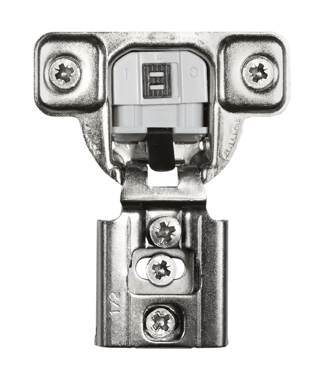 Qwikkit framed cabinet hinge showing the center, back, and front adjustment screws