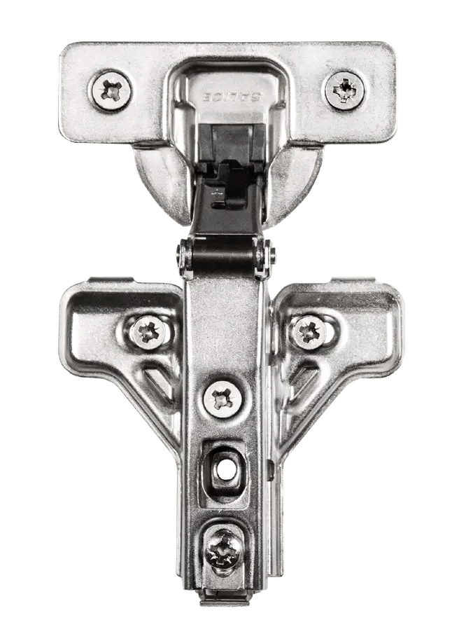 Qwikkit frameless cabinet hinge showing the hinge plate, back, and front adjustment screws