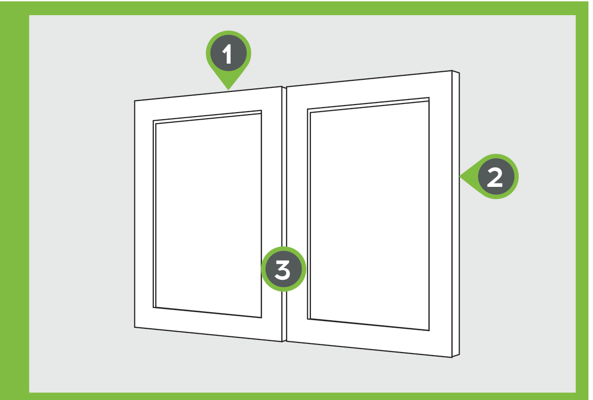 Two cabinet doors marked with the three hinge adjustment directions: up and down, in and out, and side to side