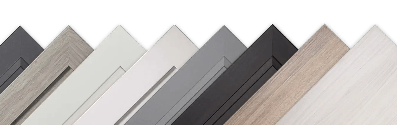 Corners of Qwikkit cabinet doors in painted and woodgrain colors fanned across the page
